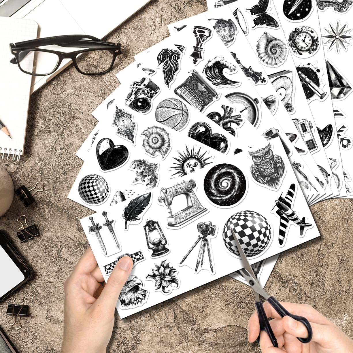 Vintage Science and Curiosity Stickers Pack 108Pcs Black White Retro Vinyl for Journals Laptops Scrapbooking DIY Crafts Students Thinkers Laptop Bike Wall