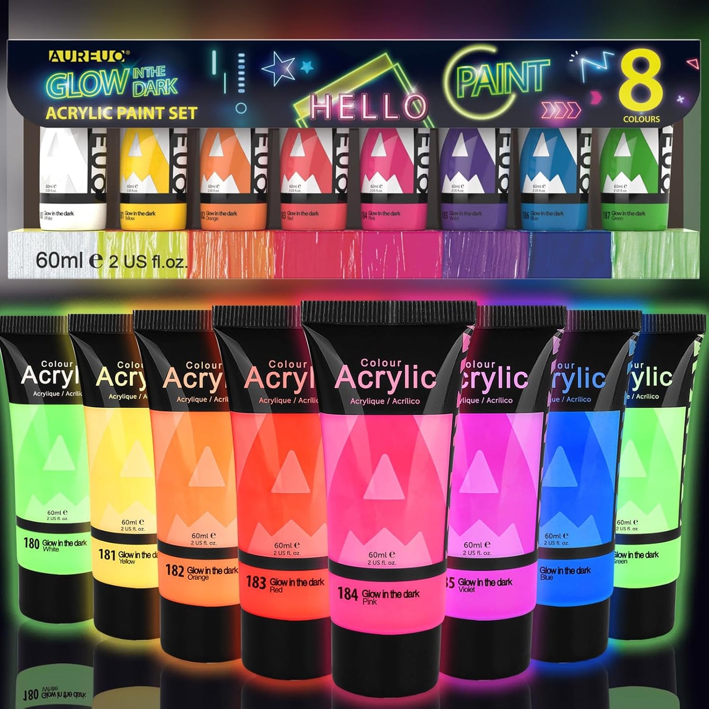 AUREUO Glow in the Dark Acrylic Paint, 8 Colors x 2 Fl Oz / 60ml Neon UV Black Light Paints for Halloween, Rocks, Wood, Craft, Canvas, Paint Party Supplies