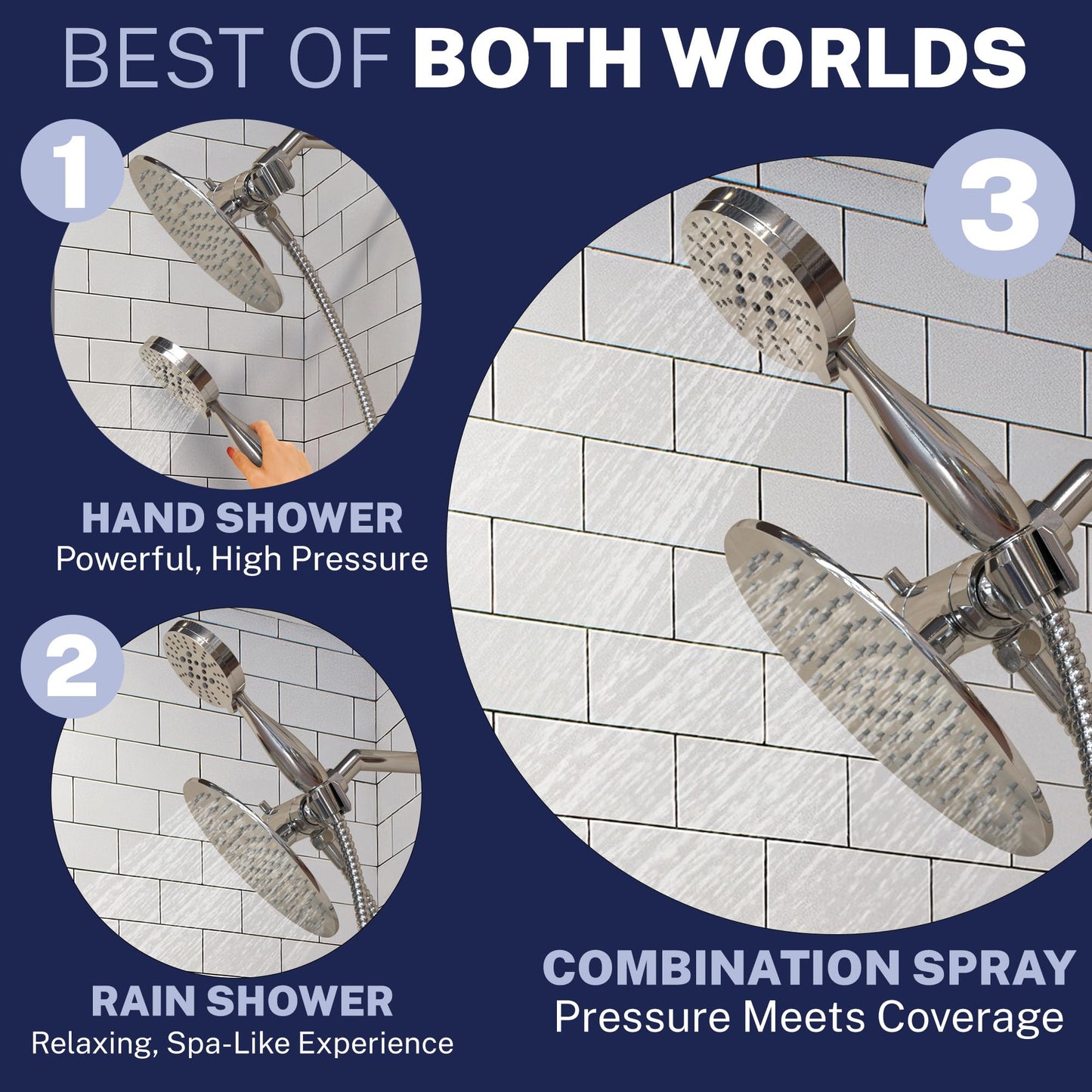 HammerHead Showers Dual Shower Head Combo, 8-Inch Rainfall & 3-Flow Handheld, Chrome, 2.5 GPM