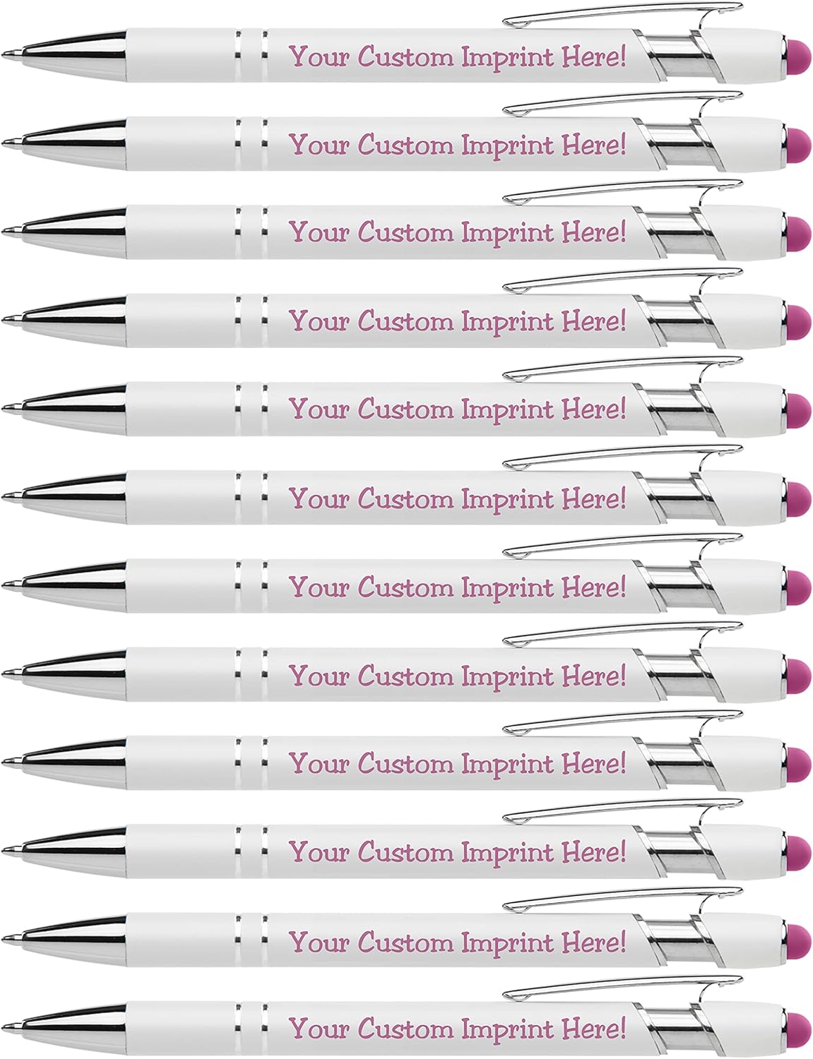 ExpressDesigns™ - Premium Custom Pens with Stylus | Beautiful White | Personalized Soft-Touch Metal Printed Name Pens w/Black Ink - 12 pack (Pink)