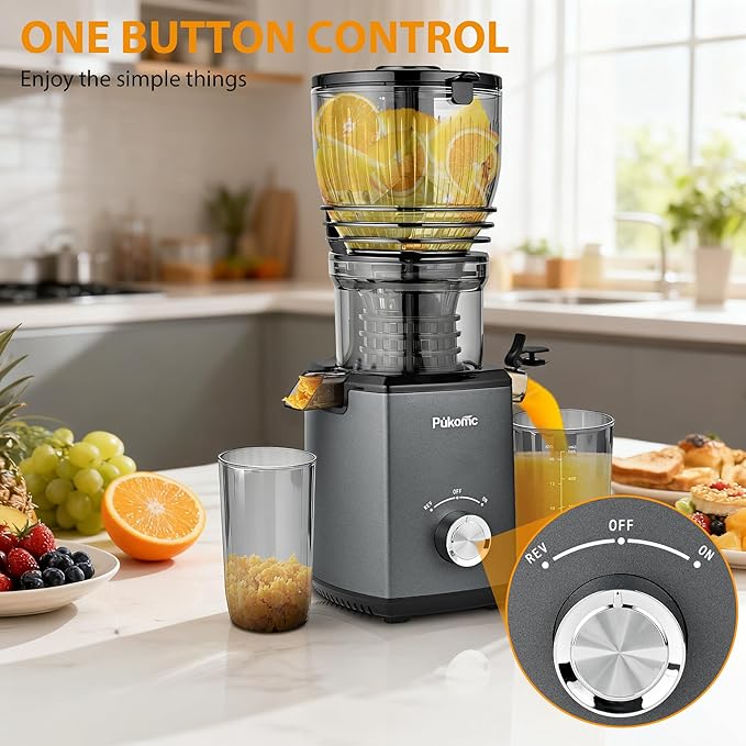 Pukomc Cold Press Juicer,5.8" Wide Feed Chute Juice Extractor Machine with 300W,Slow Masticating Juicer for Whole Vegetables & Fruits,High Juice Yield,Easy to Clean,Grey