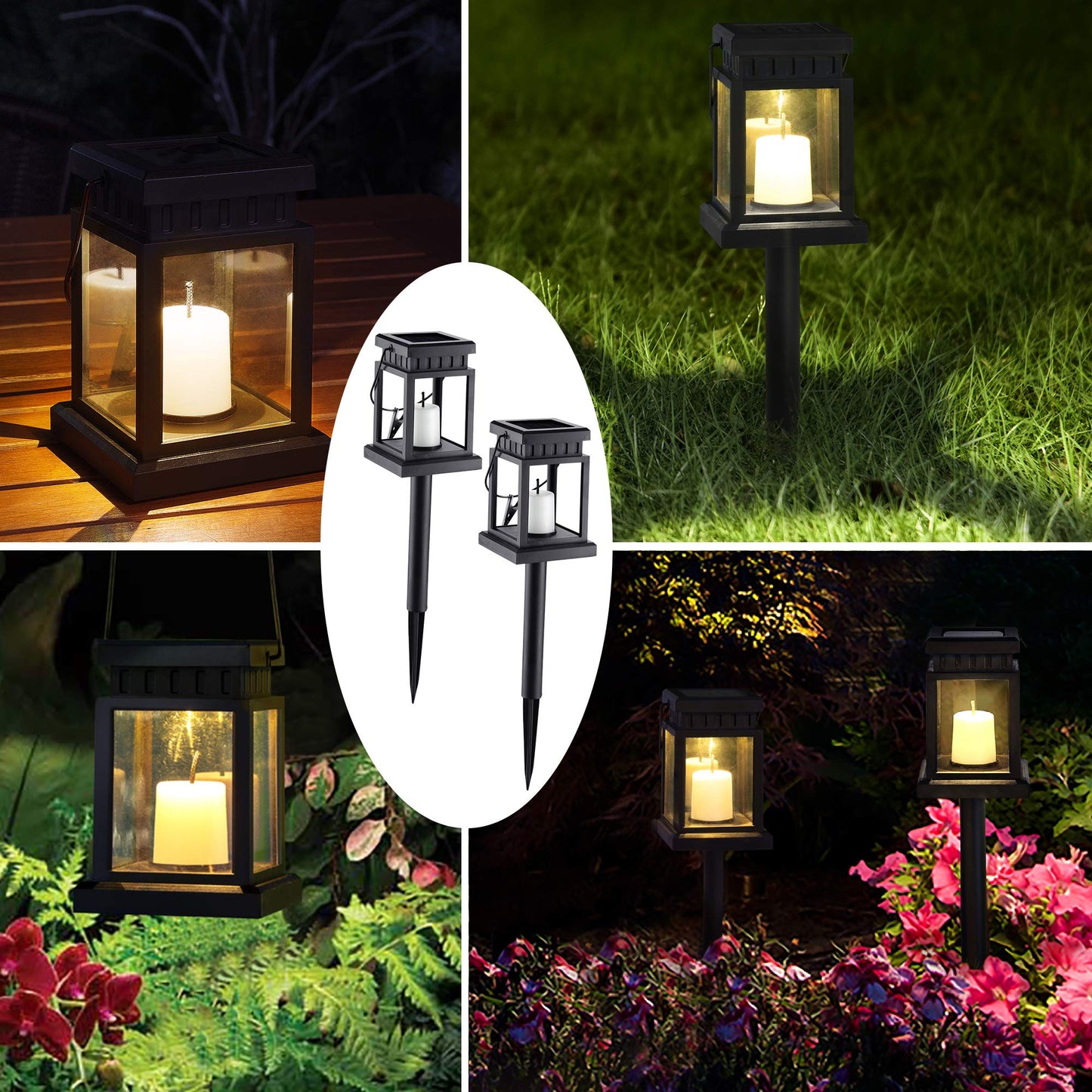 GIGALUMI Solar Hanging Lanterns 8 Pack, Warm White Candle Effect Light for Garden, Patio, Lawn, Model 6925
