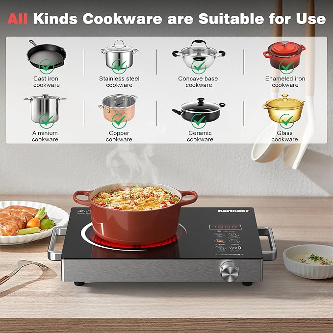 Karinear Portable Electric Stove 110V, 1800W Electric Hot Plate with Handle, Knob Control Single Burner Electri Cooktop, Ceramic Infrared Countertop Burner, Timer, Safety Lock