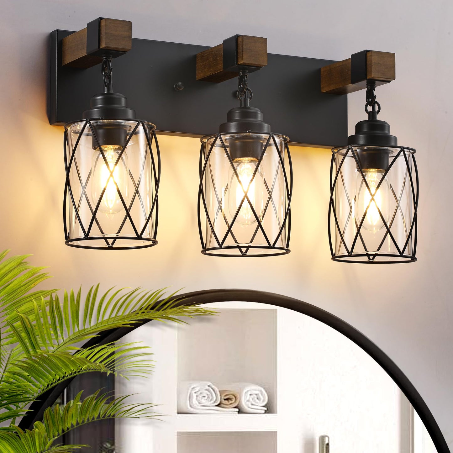 Farmhouse Bathroom Light Fixtures  3 Light Bathroom Vanity Light With Metal And Glass Lampshade  Wood Rustic Lighting Fixtures Over Mirror  Black Wall Sconces For Living Room  Bedroom