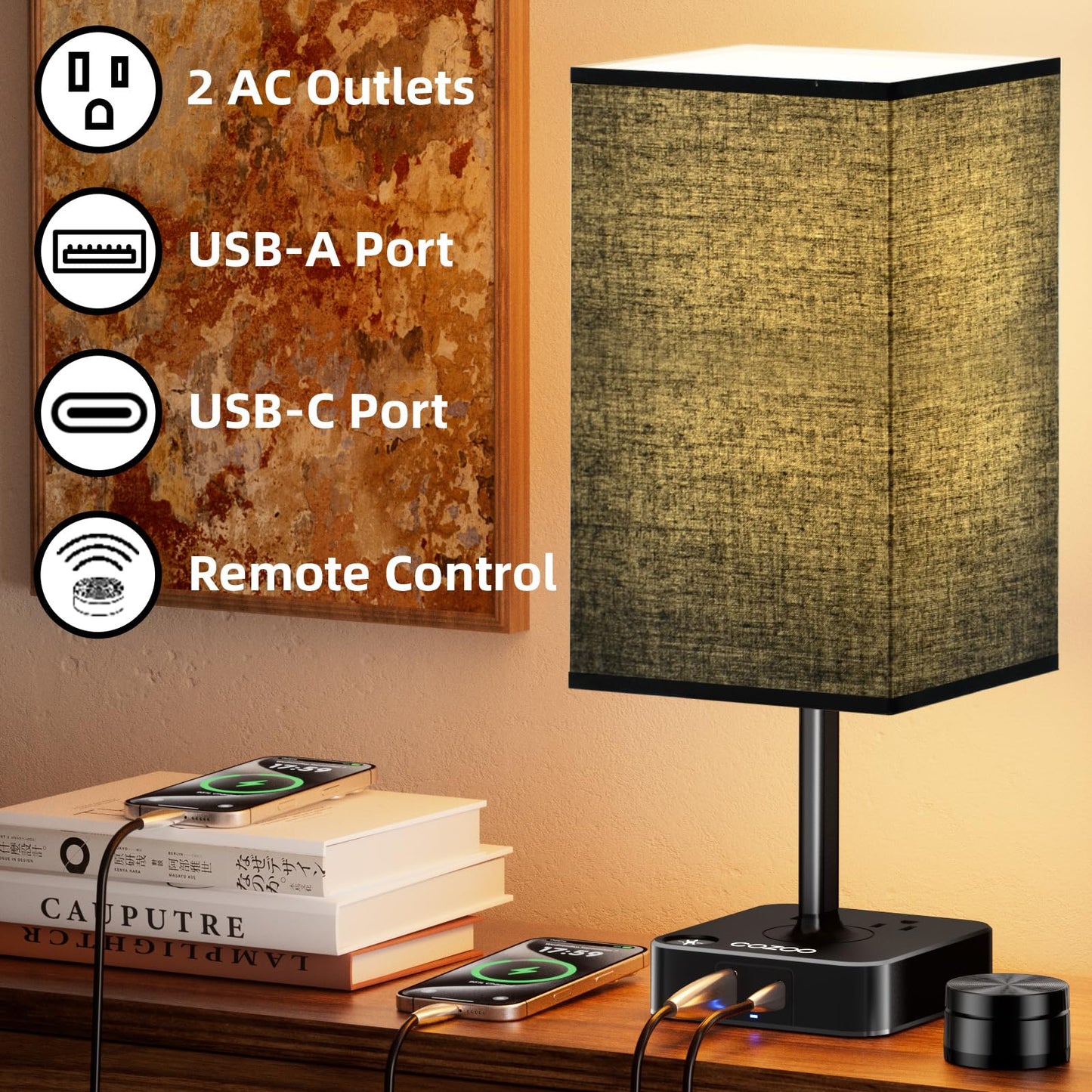 cozoo Table Lamp with Remote Control, Dimmable, USB C+A Charging, 2 AC Outlets, Standard Size, Black Shade, Model MC018S