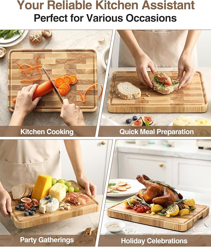 XINZUO Ash Wood Cutting Board for Kitchen, (13.8''L x 9.8''W x 1''T)-End Grain Wood Cutting Board for Meat-Chopping Boards with Slip Feet, Side Handles,Juice Groove