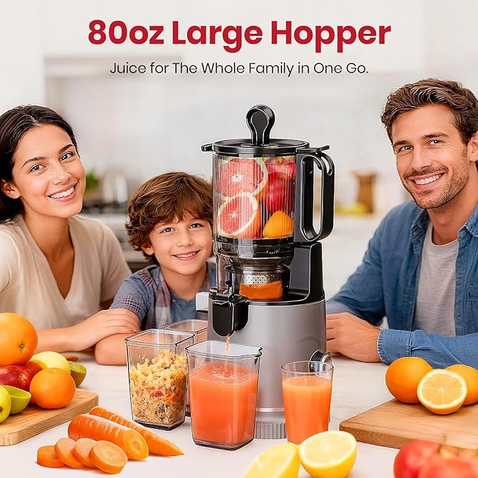 ZeroPrep Cold Press Juicer Machine, 5.9" Wide Feed Chute Juice Extractor, 80 oz Large Hopper, Easy to Clean & High Juice Yield, BPA Free, Slow Masticating Juicer for Whole Fruits & Vegetables