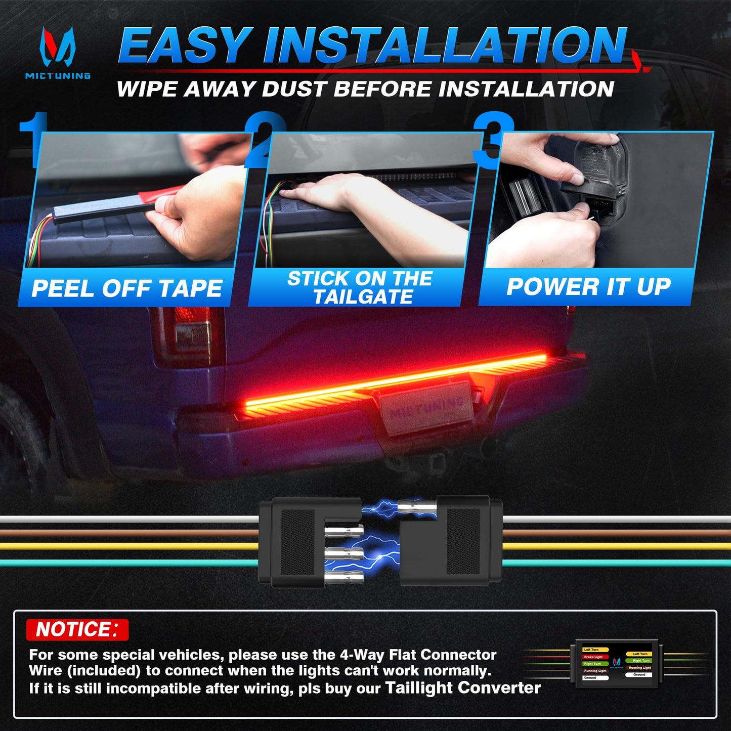 Mictuning Truck Tailgate Light Strip 48 Inch Triple Row 360 Led Ip67 Waterproof With Red Running Brake Sequential Turn Signal  Strobe & White Reverse Lighting