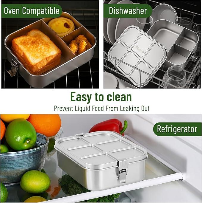 Bento Box for Kids, 1.5L/50oz Stainless Steel Snack Containers with 3 Compartments, Lockable Clip Kids Lunch Box, Eco-Friendly, Leak-proof, Dishwasher-Safe for Home, School, Travel