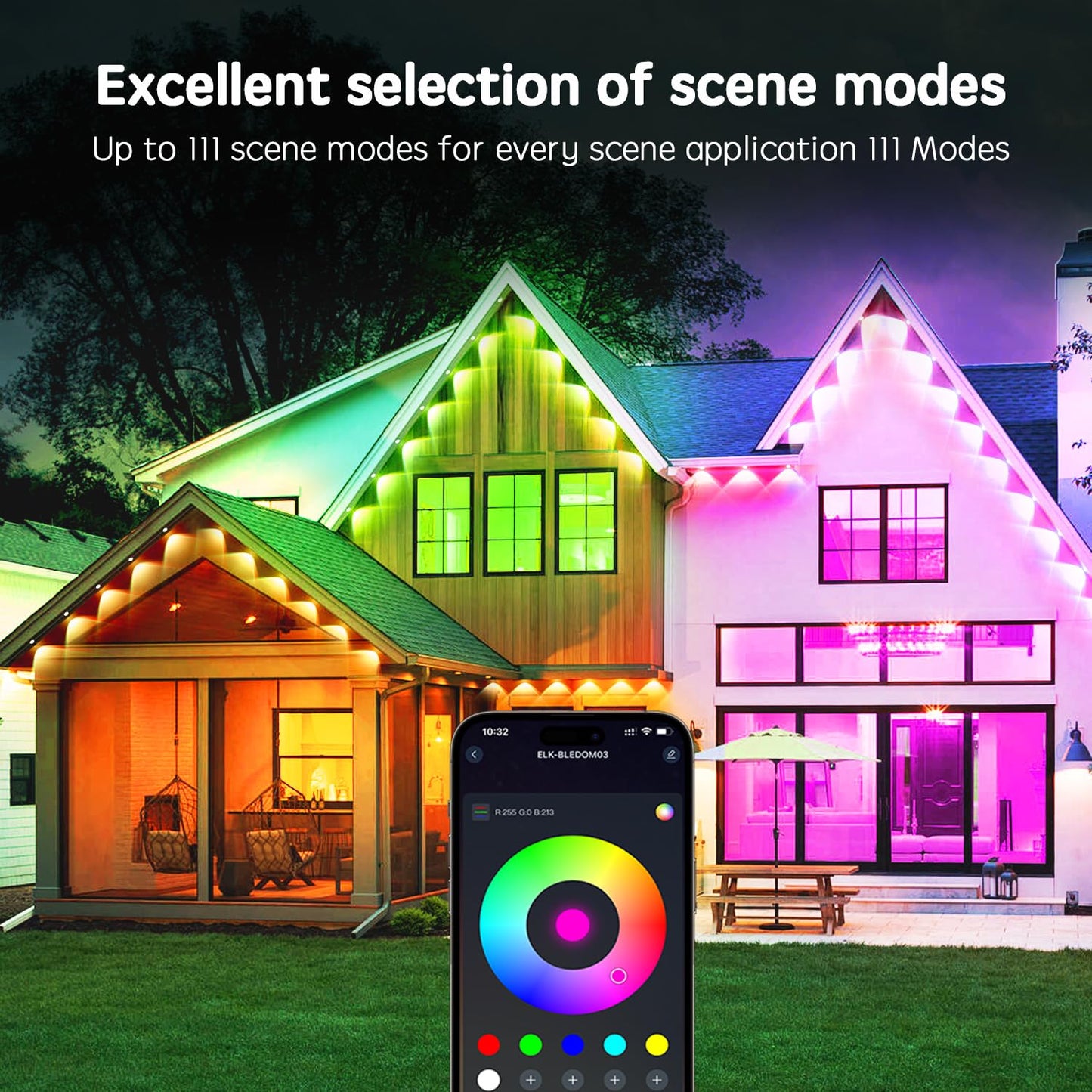 Vrribonx RGB LED Outdoor Lights, 200FT, IP65 Waterproof, Smart Control, Model WYD-04, for Holiday and Accent Lighting
