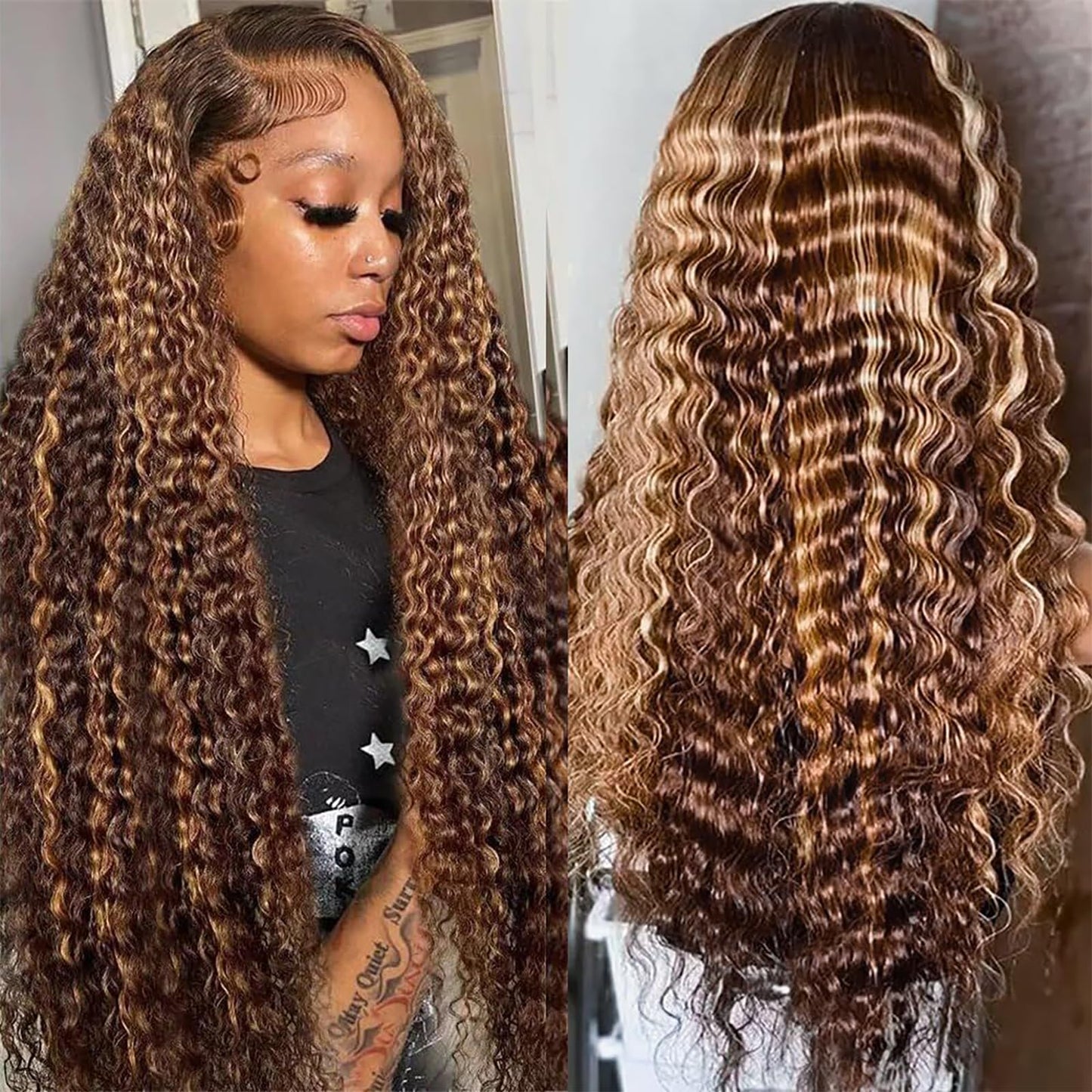 32 Inch Highlight Ombre Lace Front Wig Human Hair 13x6 HD Honey Blonde 4/27 Deep Wave Lace Front Wigs Human Hair 180% Density Co