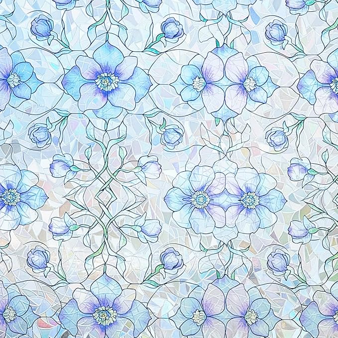 Etched Window Privacy Film Blue Purple Floral Sliding Glass Door Tint No Glue Static Cling Decals 3D Rainbow Decorative Covers Iridescent Anti UV Removal DIY Home Office,35X78.7in.