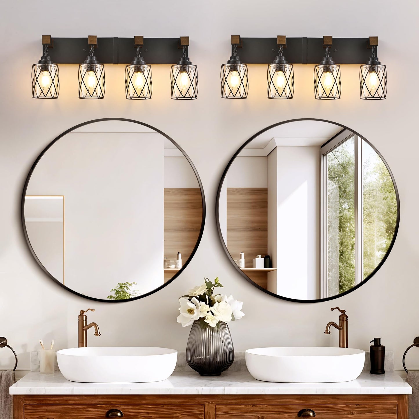 Farmhouse Bathroom Light Fixtures  4 Light Bathroom Vanity Light With Metal And Glass Lampshade  Wood Rustic Lighting Fixtures Over Mirror  Black Wall Sconces For Living Room  Bedroom
