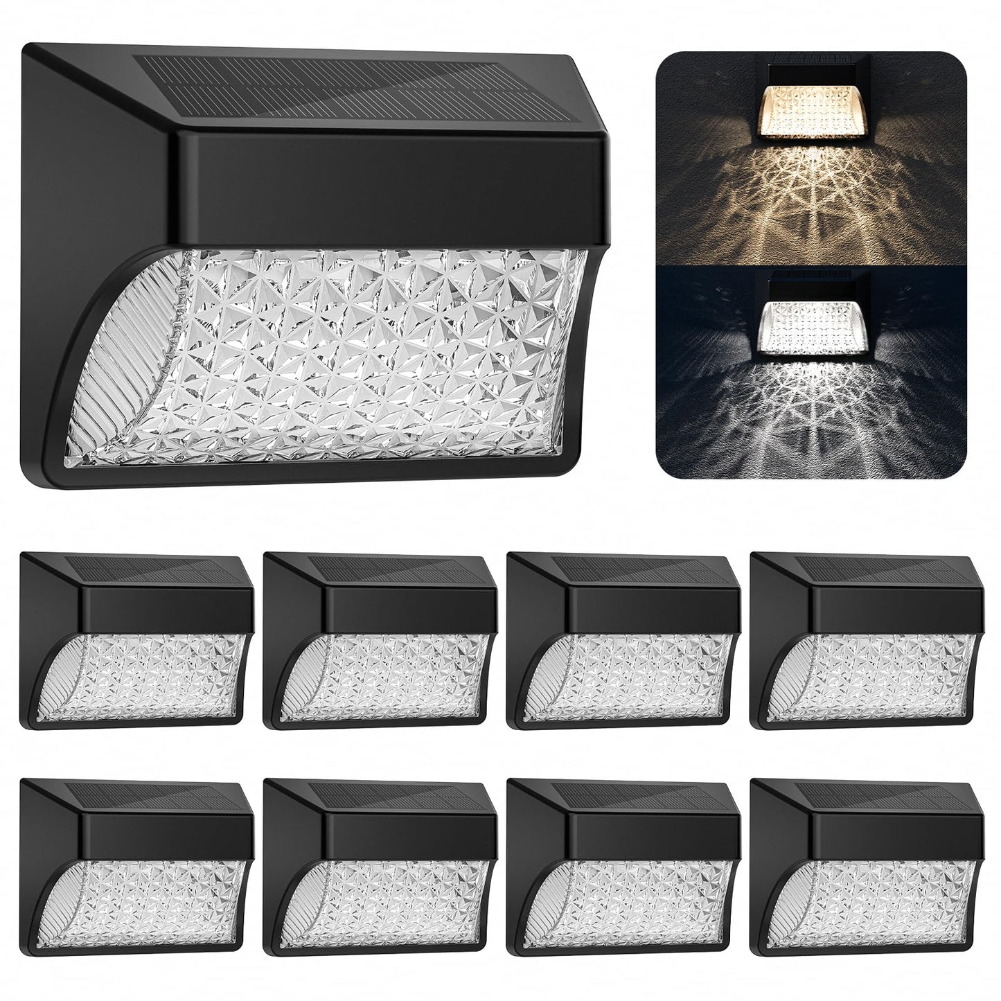 NACINIC Solar Fence Deck Lights, 8 Pack, Waterproof, Dusk to Dawn, Warm White/Cool White, Medium, Black