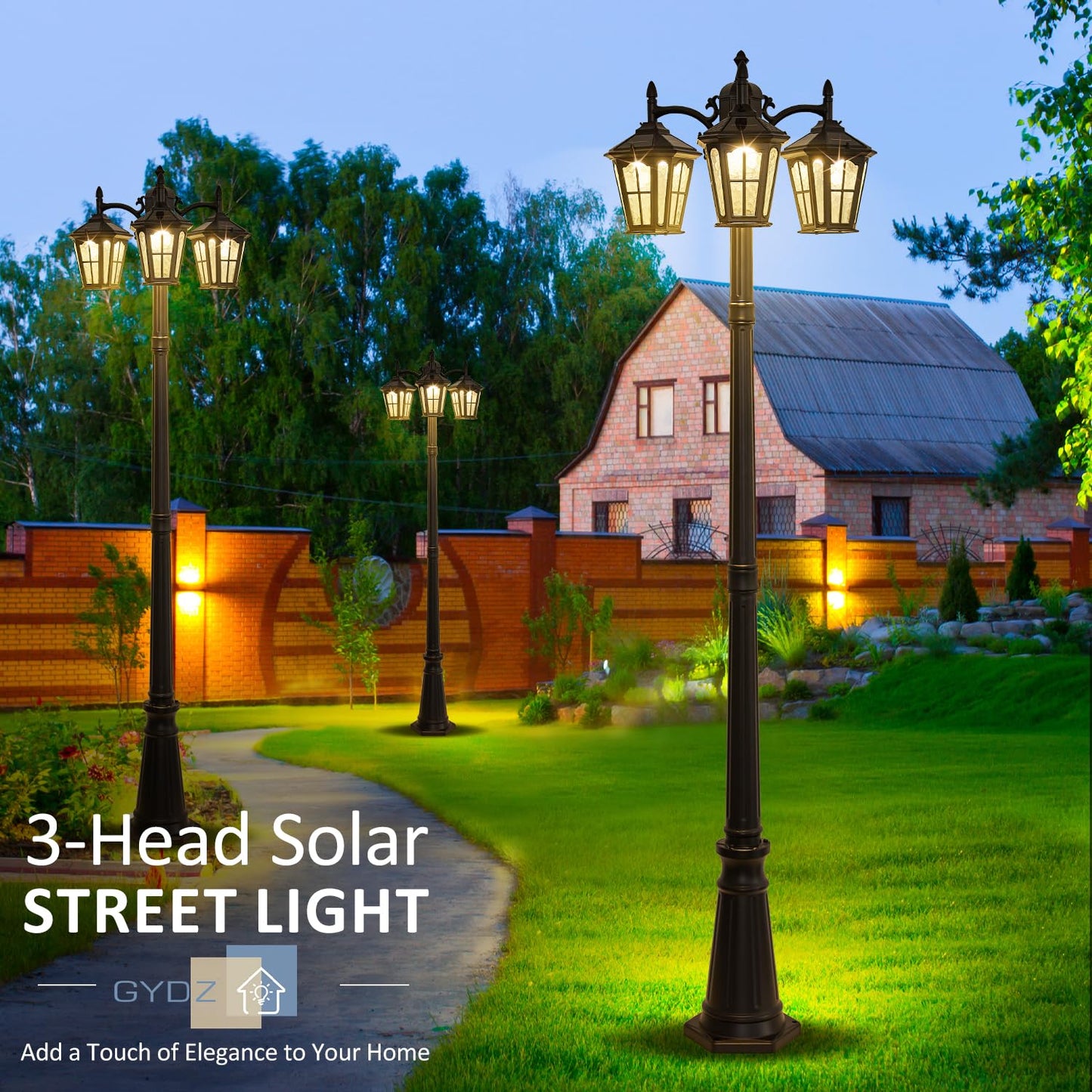 Gydz 3-Head Solar Outdoor Street Light With Dusk To Dawn Sensor  Aluminum Exterior Pole Light With Water Ripple Glass  Classic Waterproof Black Solar Lamp Post Lights For Backyard  Garden  Driveway