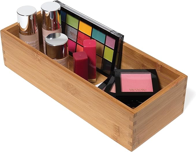 Lipper International Bamboo Wood Utensil Holder Storage Box for Cooking Tools, Makeup, or Office Supplies, 5" x 12" x 3"