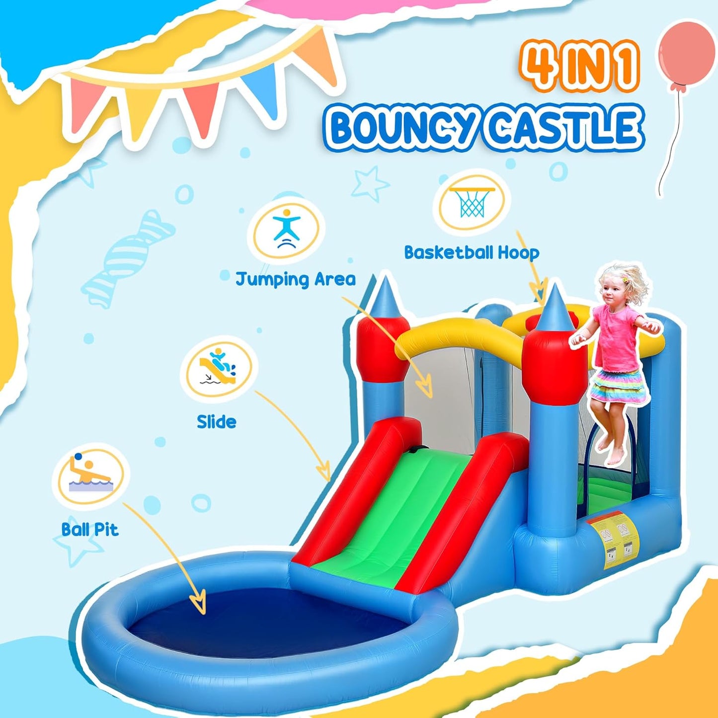 Qaba Inflatable Bounce House, 4 in 1 Bouncy Castle with Slide, Basketball Hoop, Ball Pit, 370W Blower, Storage Bag, for Outdoor and Indoor Party, Kids Backyard Play Toys, 163" x 81" x 75"
