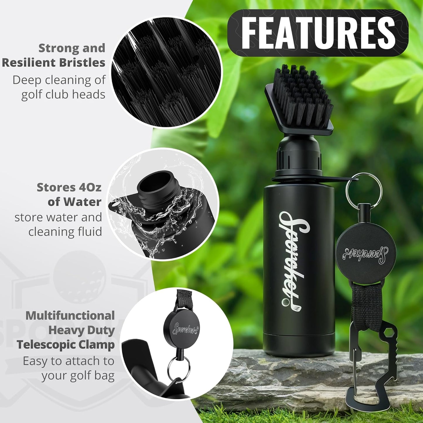 Pro Golf Club Brush Cleaner with Multi Purpose Heavy Duty Retractable Clamp and Squeeze Bottle for 4 oz of Water, Premium Golf Accessories for Men
