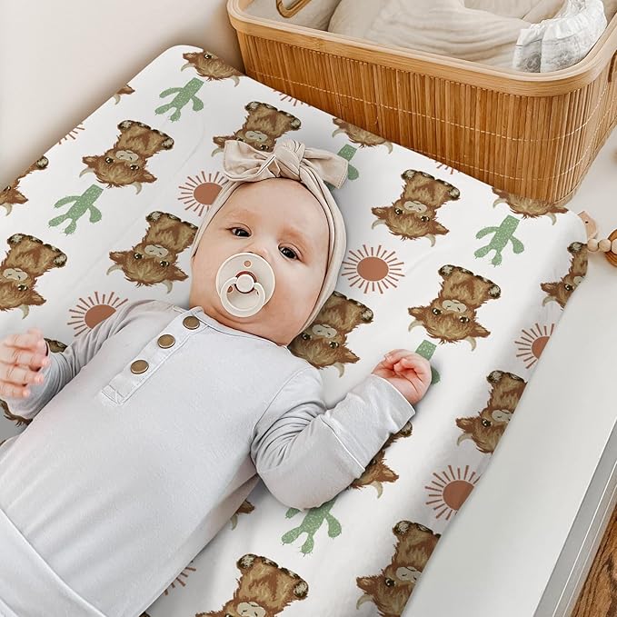 HawSkgFub Highland Cow Boho Cactus Sun Changing Pad Cover for Baby Girls Boys, Western Hyland Cattle Diaper Change Table Covers, Soft Stretchy Safe Snug Fitted Changing Mat Sheets Fit 32"/34" x 16"