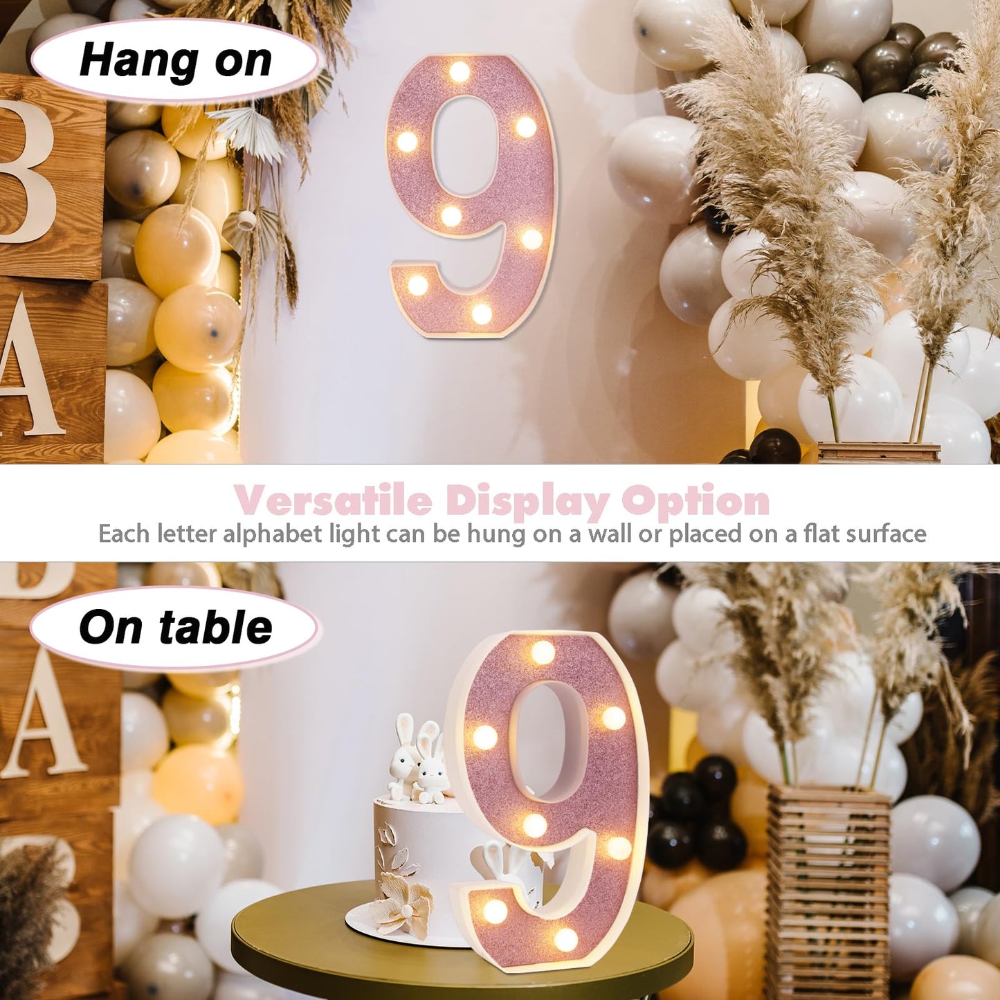 DyingSwan LED Marquee Number 9, 8.58 Inch Pink Glitter Light Up Decor, Battery Powered Plastic Night Light