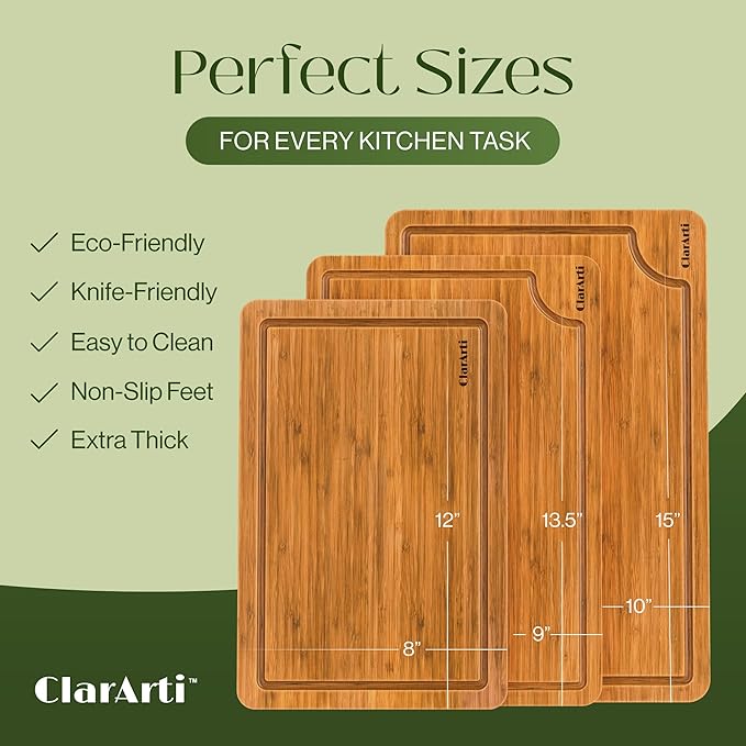 Organic Bamboo Cutting Boards for Kitchen – Set of 3 Non-Toxic Wood Cutting Board with Non-Slip Design – Durable Anti-Slip Bamboo Boards for Chopping & Serving