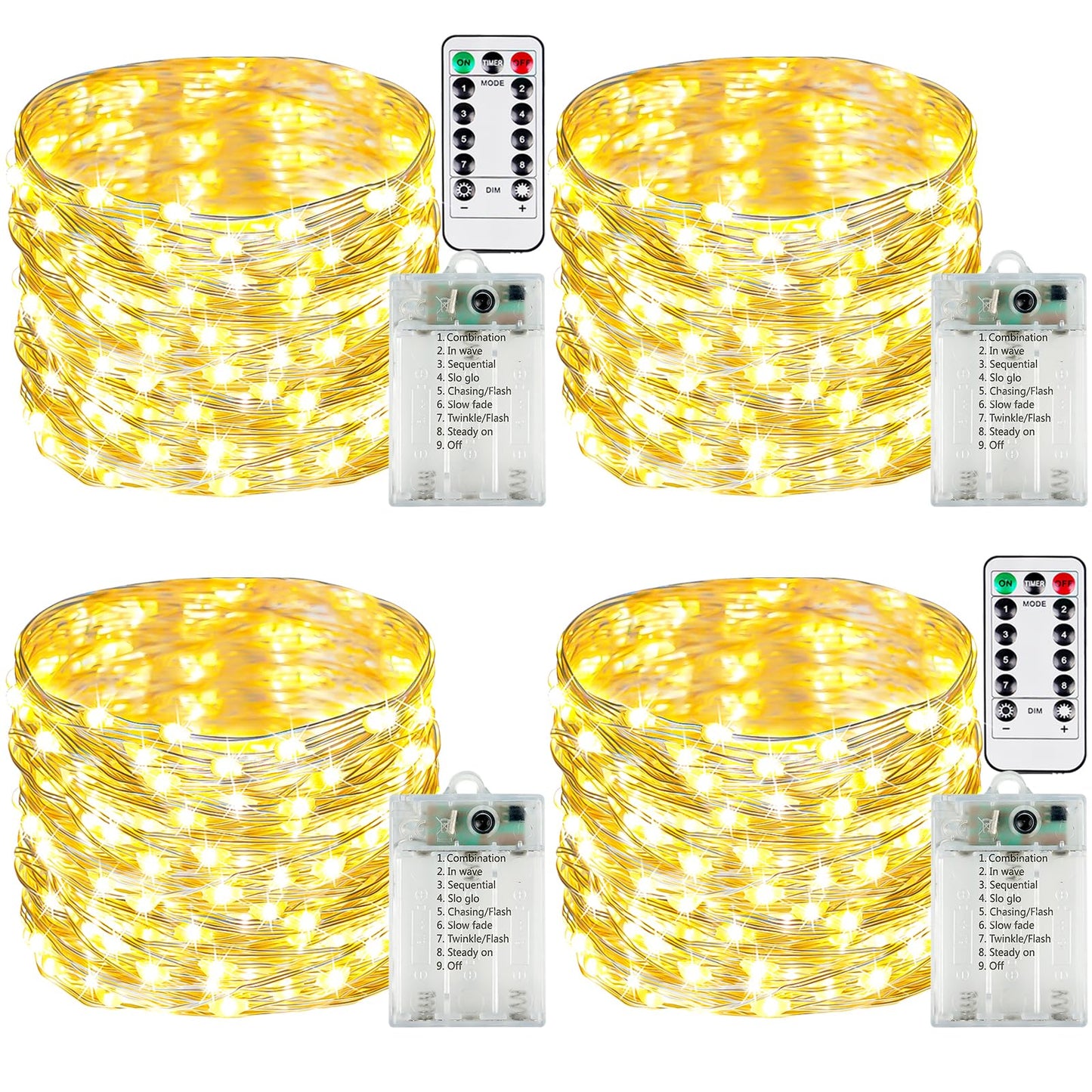 Yiqu 4 Pack Battery Operated Fairy Lights, Warm White Led String Lights With Remote Control Timer, 8 Modes For Indoor/Outdoor Décor