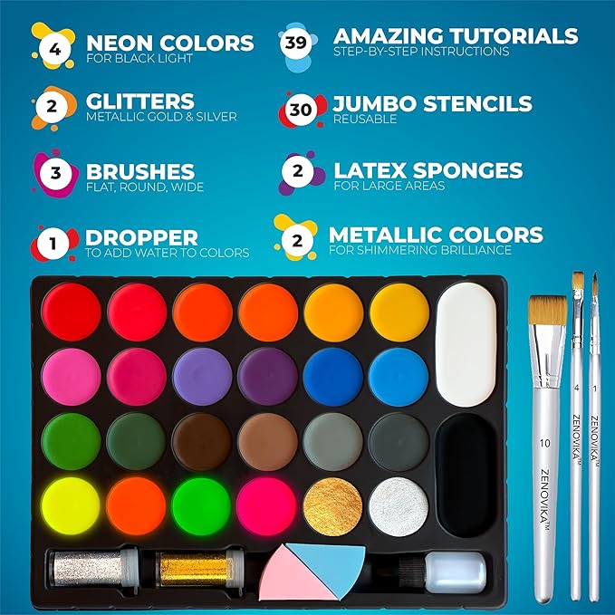 Face Painting Kit for Kids - 26 Colors Face Paint Kit, Non-Toxic and Hypoallergenic, Stencils, Book, and Professional Halloween Makeup Kit - Safe and Easy to Use Face Paint Kit for Kids