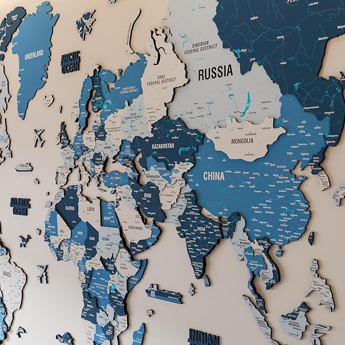 Colorfull Worlds 3D Wooden World Map Wall Art - Premium Multicolored World Travel Map for Wall Decor with Push Pins- Ideal Housewarming Gift & Travel Tracker (Medium, Navy)