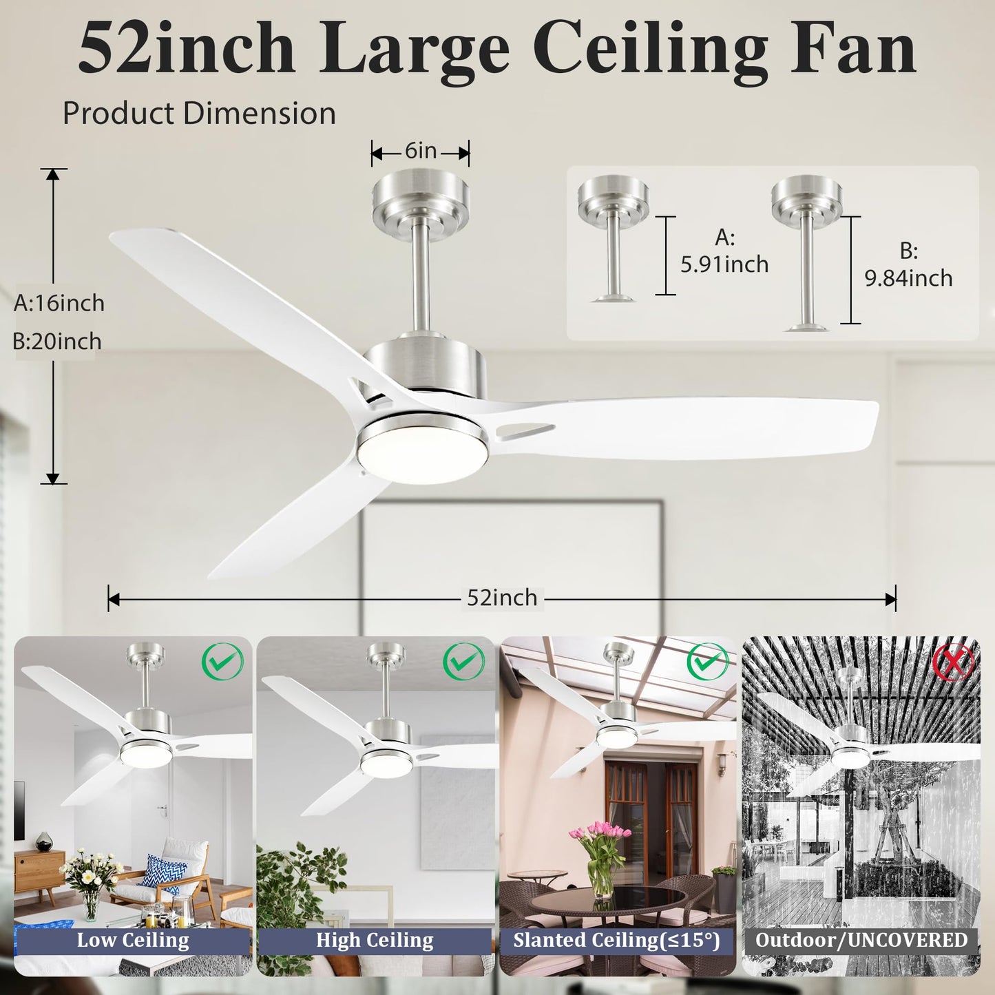 Diamondforge 52 Inch Ceiling Fans With Lights And Remote Control - Outdoor Indoor Flush Mount Low Profile Silver White Ceiling Fans For Living Room Bedroom Patio