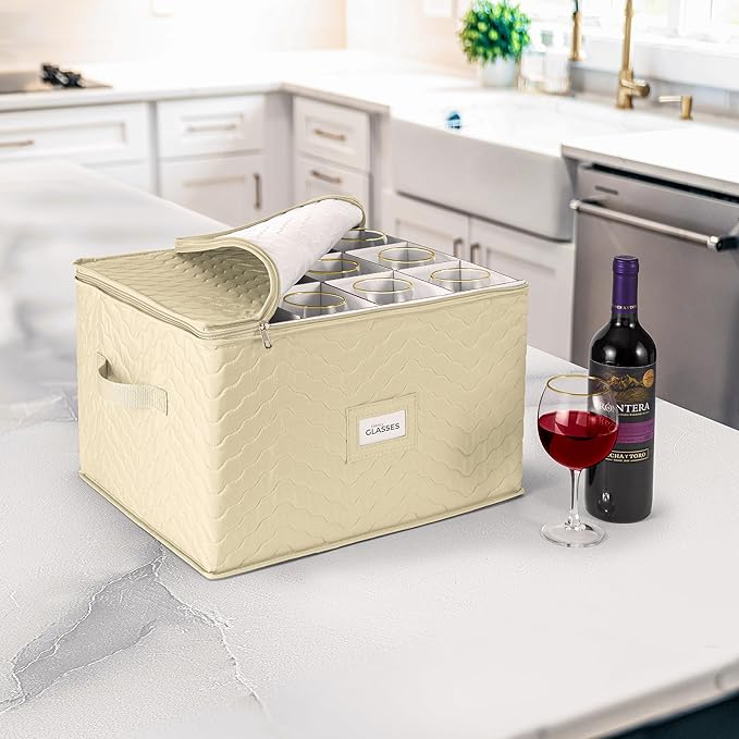 Sorbus Stemware Storage Chest - Deluxe Quilted Case with Dividers - Service for 12 - Great for Protecting or Transporting Wine Glasses, Champagne Flutes, Goblets, and more (Storage Glass - Beige)