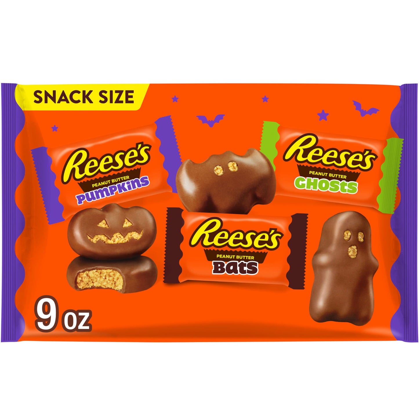REESES Assorted Milk Chocolate Snack Size Peanut Butter Shapes, Halloween Candy Bag, 9 oz