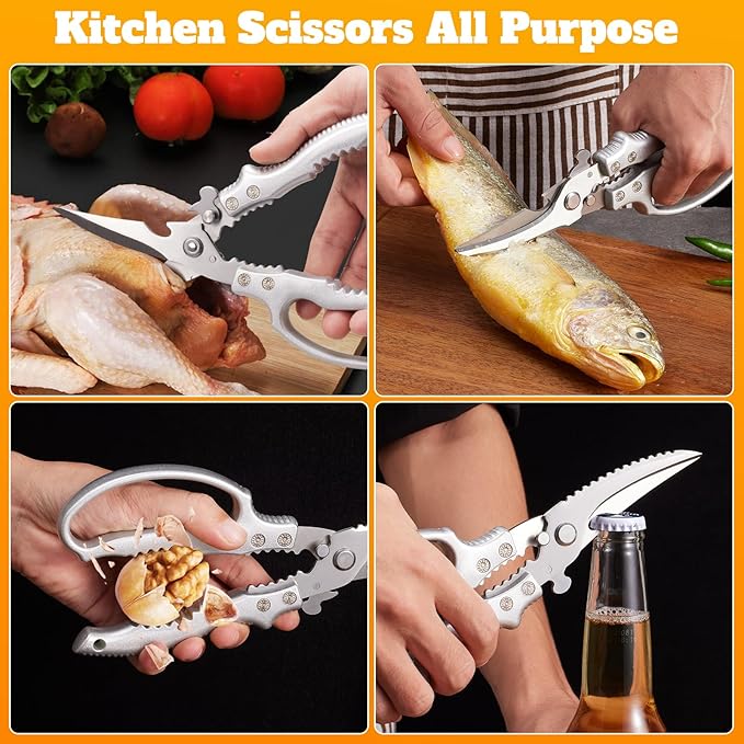 Heavy Duty Kitchen Scissors, Poultry Shears for Meat, Chicken, Bone, Turkey, Fish. Kitchen shears With Anti-Slip Handle, Spring Loaded, Dishwasher Safe