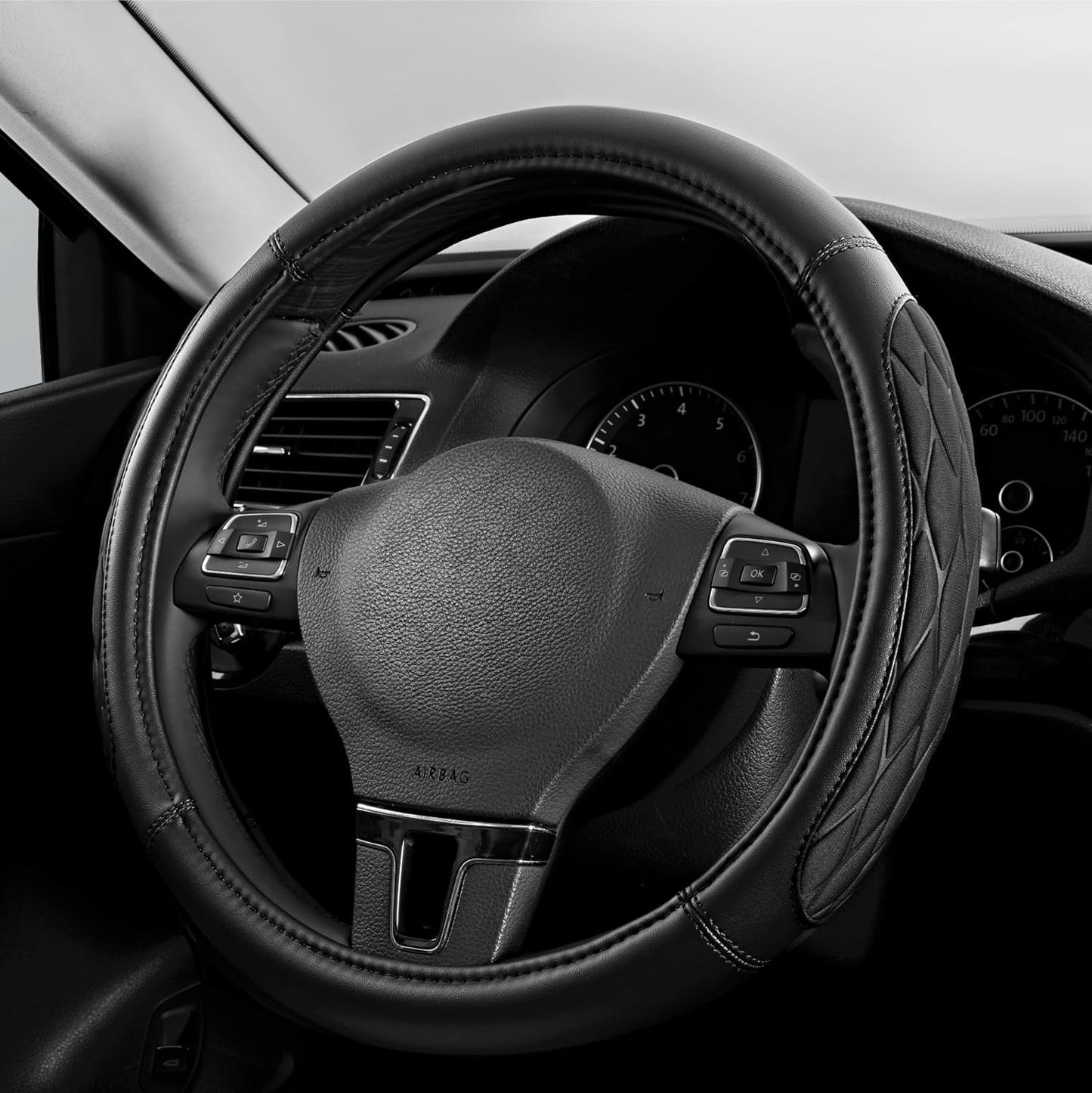 PIC AUTO Steering Wheel Cover, Black Thick Rhombic Foam and Premium Leather, Universal 14.5-15.5 Inch Breathable Anti-Slip Steering Wheels Accessories for Men & Women