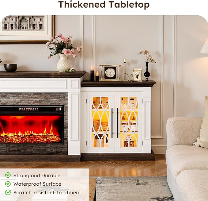 60 inch Farmhouse Buffet Sideboard Cabinet with 4 Glass Doors, Coffee Wine Bar Storage Cabinet with LED Lights, Buffet Table with Adjustable Shelves for Dining Room, Kitchen, Living Room