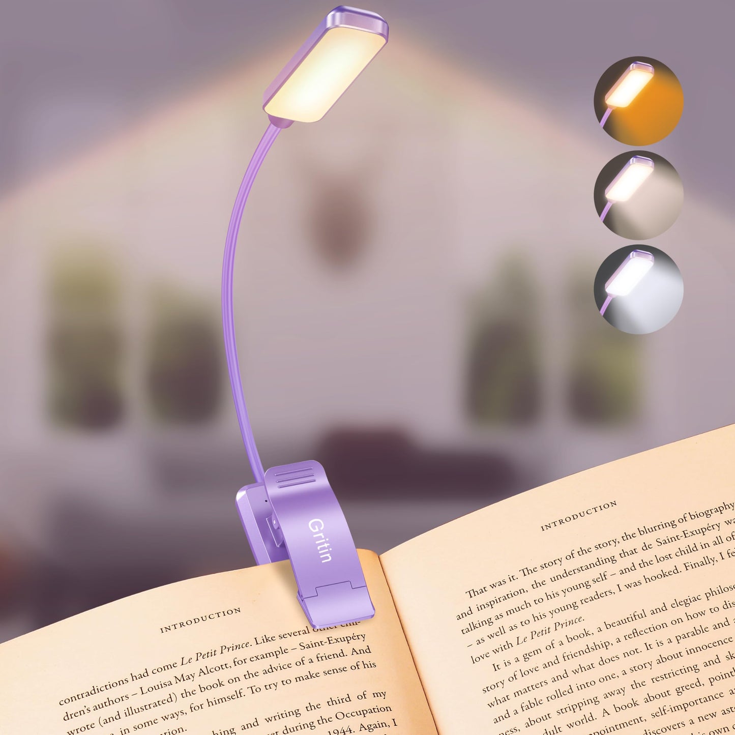 Gritin 9 LED Rechargeable Book Light - Stepless Dimming, 3 Color Temperatures, Clip On, Purple, Model G1330