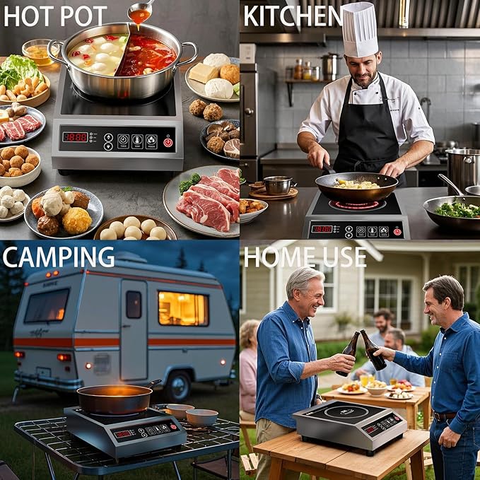 Induction Cooktop Commercial 1800W, Portable Countertop Burner with 8" Fast Heating Coil, 11 Temp/Power Levels, 24H Timer Stainless Steel Electric Stove for for RV Home Kitchen