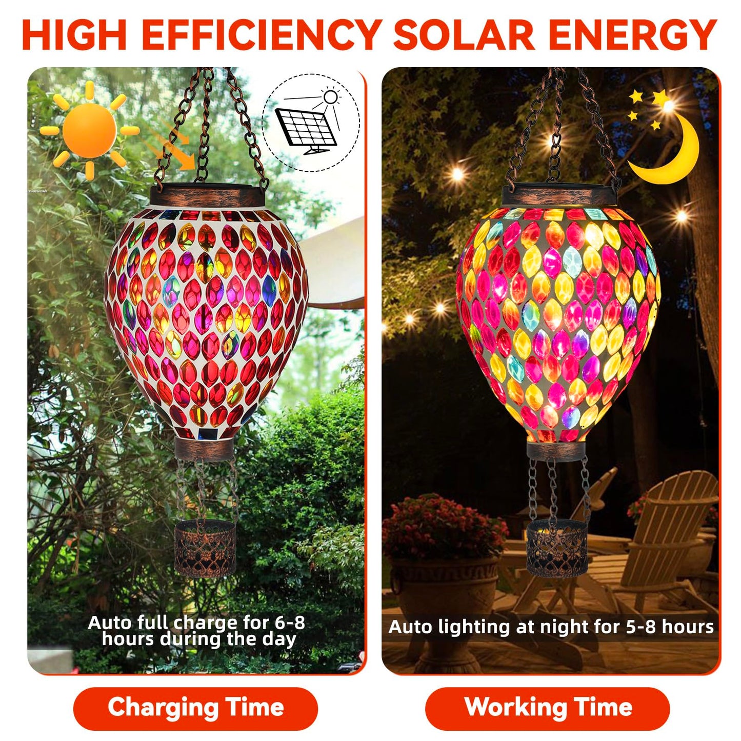 Voreen Hot Air Balloon Solar Lantern  Handmade Mosaic Solar Outdoor Hanging Wind Light  Waterproof  Patio Festive Decor  Gift For Mom Wife Friend  Red