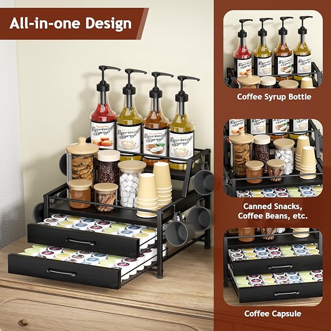 Coffee Syrup Rack Organizer - 4-Tier 8 Syrup Wine Bottles Stand with 82 Storage Drawer for K Cups, Coffee Pod Holder for Countertop, Bar Station, Kitchen, Black