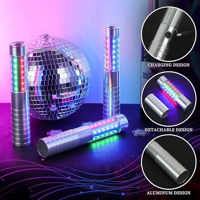 4 Pieces RGB LED Strobe Baton Light Rechargeable Bottle Service Sparklers Stick Reusable Champagne Bottle Handheld LED for Club Stage Nightclub Party Concert Event Bar Outdoor - Silver