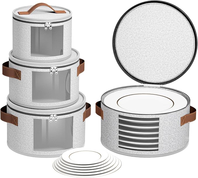 4 Piece Stemware Storage Containers, China Storage Containers with Clear Windows, Hard Shell Dish Storage with Handles for Dishes, Dinnerware, Plates, Light Gray