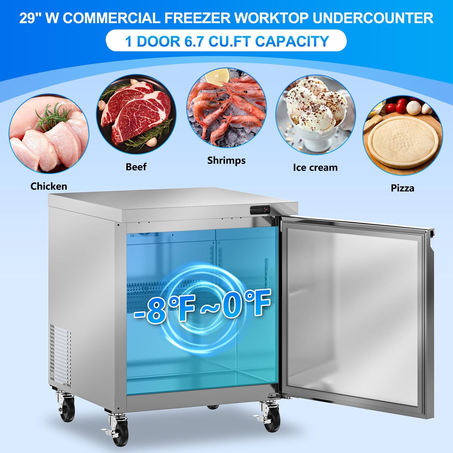 Rockitch 29" W Commercial Undercounter Freezer, 6.7 Cu.ft Single Door Worktop Under Counter Freezer, Stainless Steel Commercial Kitchen Freezing Equipment for Restaurant, Bar, Shop, etc.
