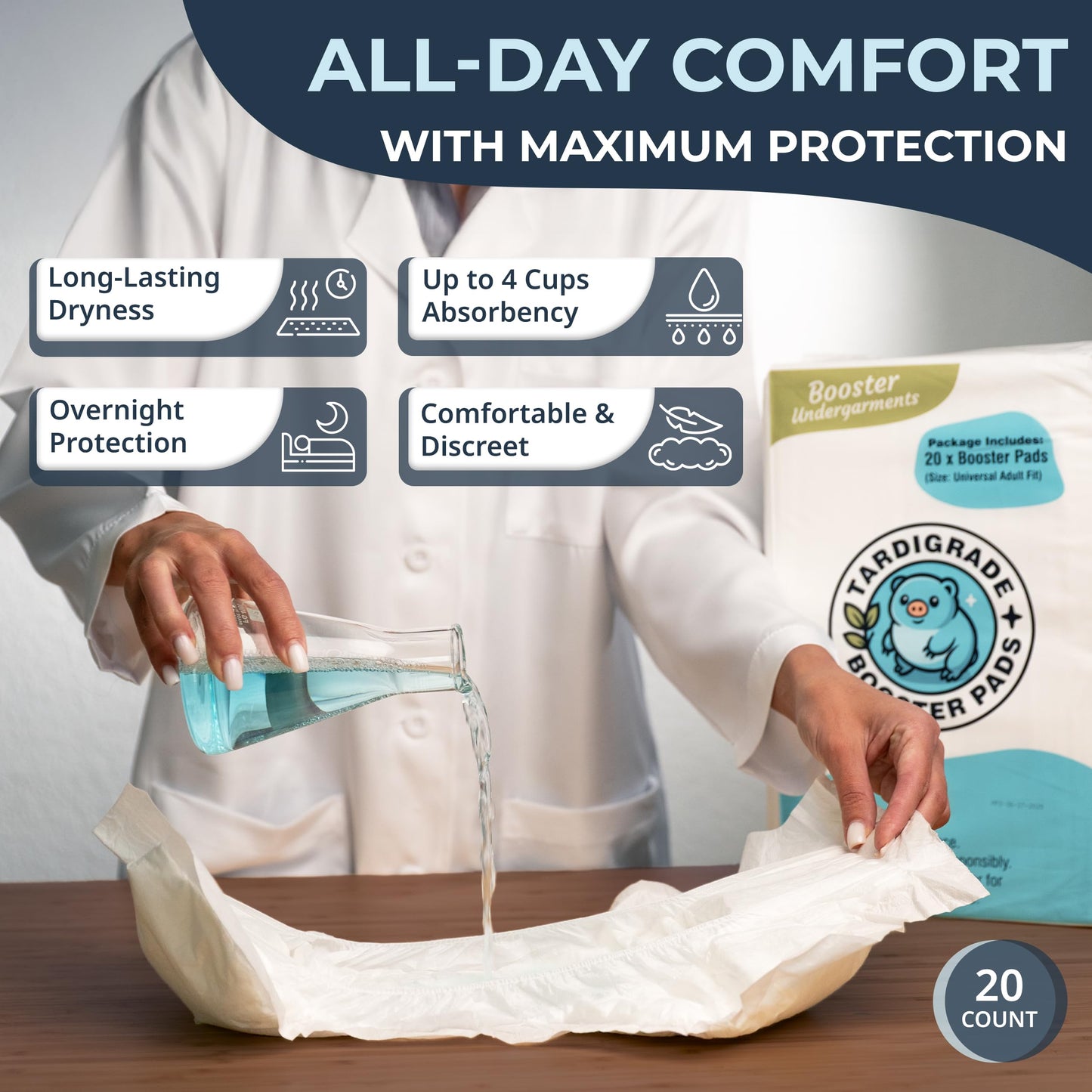 Tardigrade Booster Pad, Large Size, 20 Count, Up to 4 Cups Absorbency, Overnight Protection