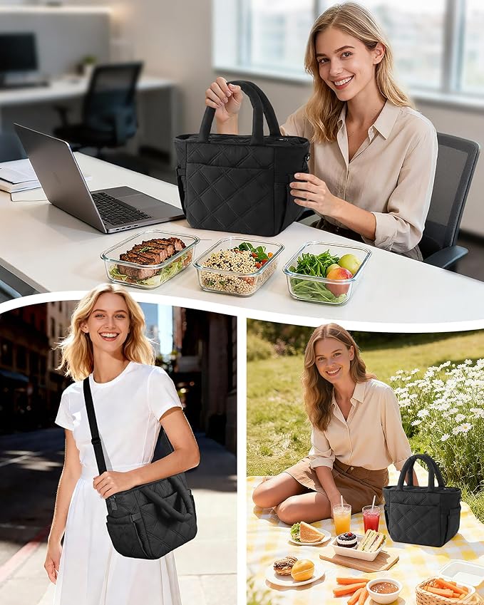 Insulated Lunch Box for Women Men, Soft & Puffy Lunch Bag, Large Capacity Leakproof Reusable Tote Cooler Bag with 4 Pockets, Adjustable Strap, Ideal for Work, Outdoors, Picnic, Travel (Black)