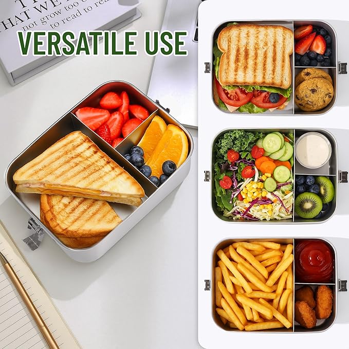 Bento Box for Kids, 1.5L/50oz Stainless Steel Snack Containers with 3 Compartments, Lockable Clip Kids Lunch Box, Eco-Friendly, Leak-proof, Dishwasher-Safe for Home, School, Travel