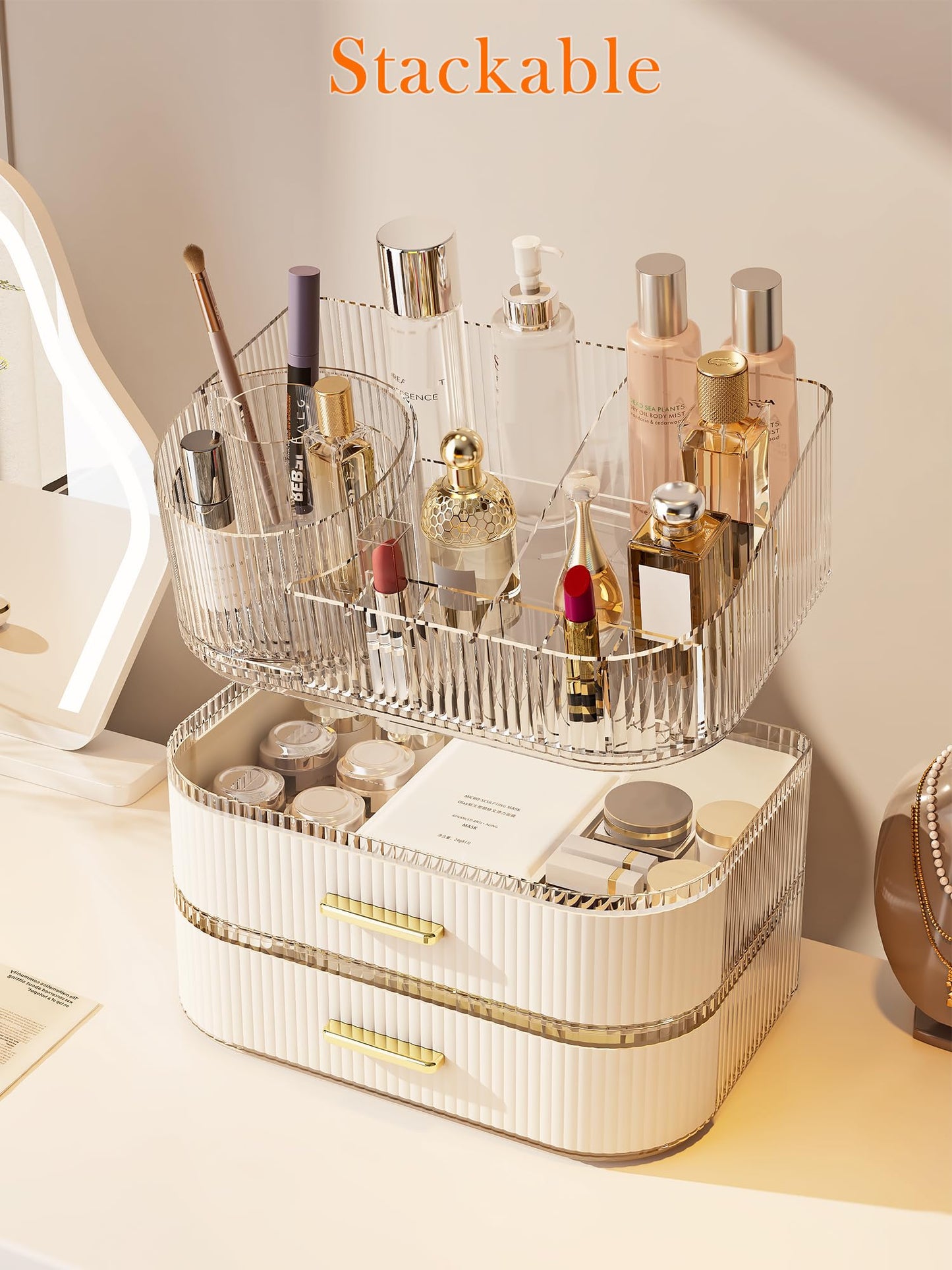 Makeup Organizer with Stackable Drawer, 360 Rotating Makeup Brush Holder, 11-inch Wide Large Cosmetic Display Case, Skincare Org