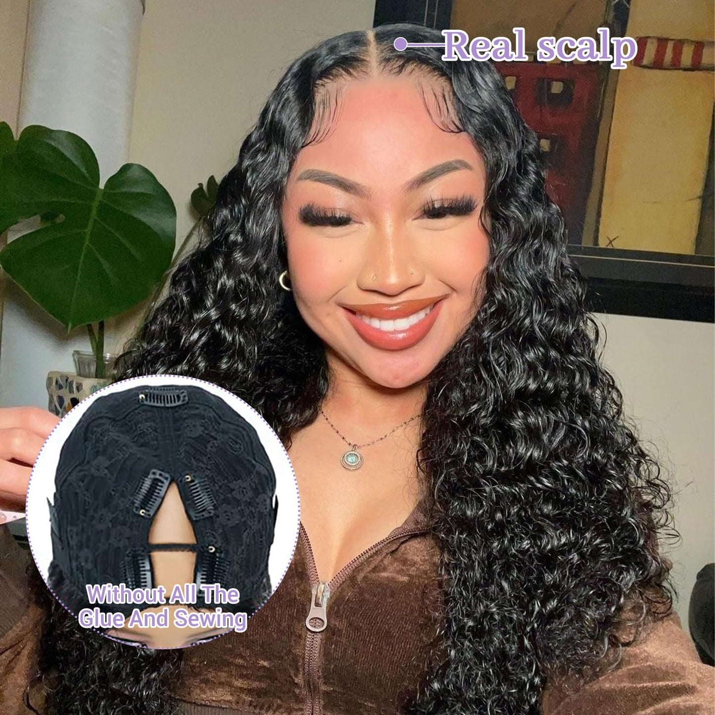 DSEKCAIN Deep Wave V Part Wig Human Hair Glueless Clip In 100% Real Human Hair Deep Curly V-part Wigs No Glue No Sew In Upgrade