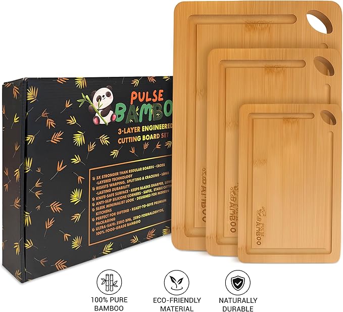 3-Layer Engineered Bamboo Cutting Board Set – Natural Bamboo Chopping Boards with Juice Grooves, Knife-Safe Surface, Anti-Slip Corners, 3-Piece Kitchen Board Set for Meat, Veggies, Cheese