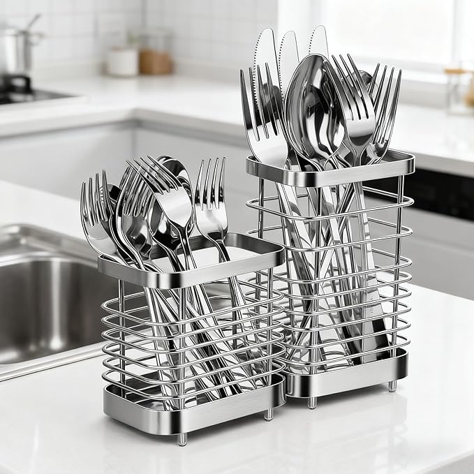 Utensil Holder, Stainless Steel Utensil Drying Rack for Kitchen Counter, Silverware Cutlery Flatware Holder Forks, Knives, Spoons, Chopsticks Organizer (Silver, Tall & Short)