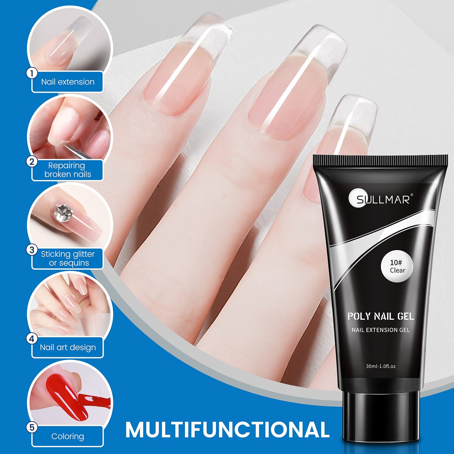 SULLMAR Clear Poly Nail Gel Kit Nail Builder Gel Nail Extension Poly Gel Nail Nail Art Design Poly Nail Gel Colors with Nail Bru