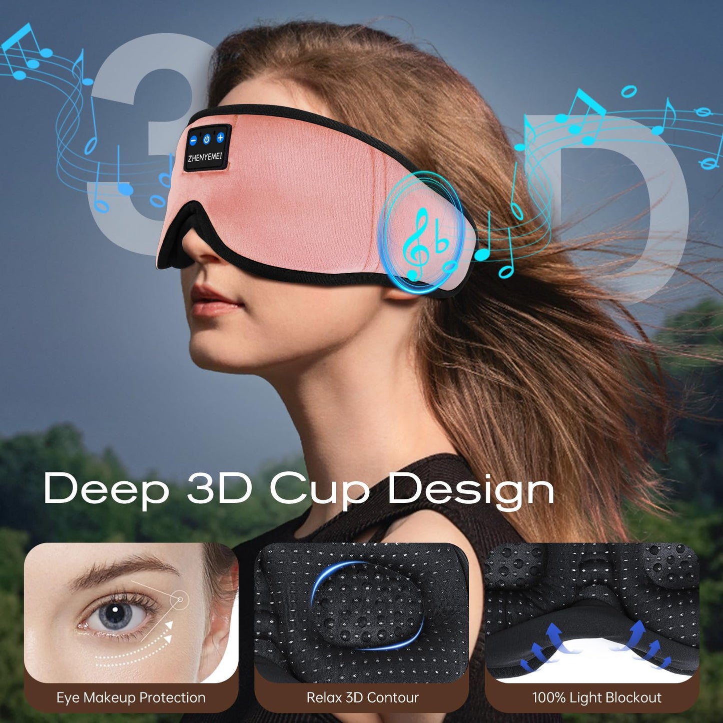 ZHENYEMEI 3D Sleep Mask with Bluetooth Headphones, Sleeping Headphones for Side Sleepers, Wireless Music Eye Mask with Ultra-Thin Stereo Speakers for Men, Women, Tech Gifts, Pink